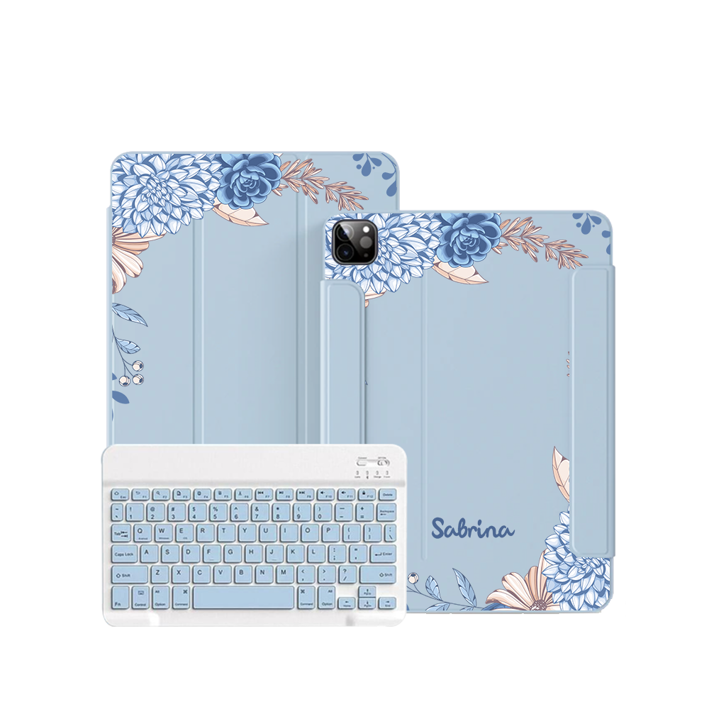 ฝาพับคีย์บอร์ดไร้สายสำหรับ iPad / Android Tab - ลายดอกไม้สีน้ำเงิน