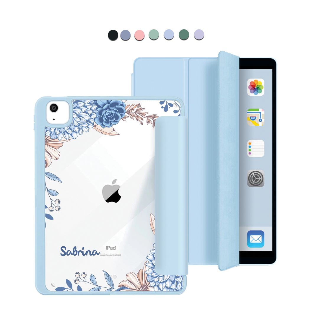 ฝาพับอะคริลิกสำหรับ iPad - ลายดอกไม้สีน้ำเงิน