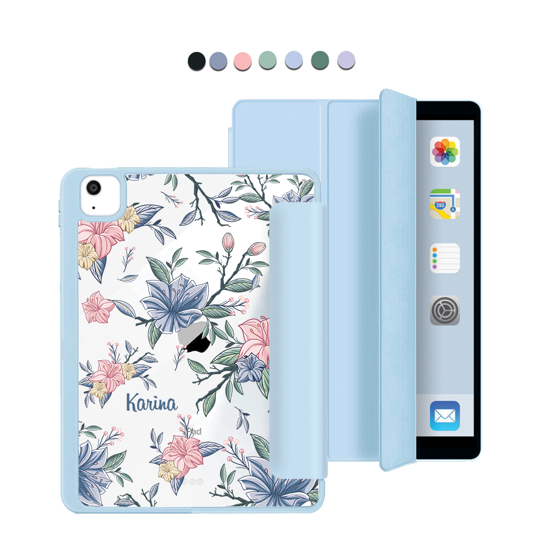 ฝาพับอะคริลิกสำหรับ iPad - ลายดอกไม้สีชมพูและน้ำเงิน