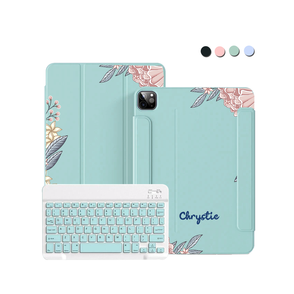 غطاء قابل للطي بلوحة مفاتيح لاسلكية لأجهزة iPad / Android Tab - زهور وردية