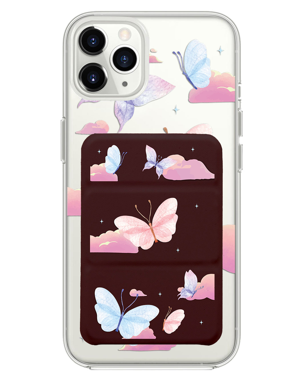 เคสพับสามทบแม่เหล็กสำหรับ iPhone - ลายผีเสื้อและเมฆ