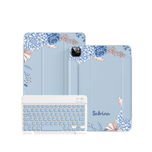 ฝาพับคีย์บอร์ดไร้สายสำหรับ iPad / Android Tab - ลายดอกไม้สีน้ำเงิน