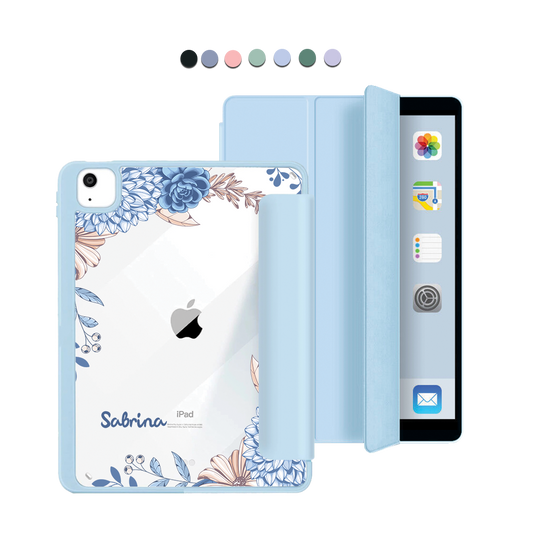 ฝาพับอะคริลิกสำหรับ iPad - ลายดอกไม้สีน้ำเงิน