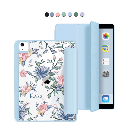 ฝาพับอะคริลิกสำหรับ iPad - ลายดอกไม้สีชมพูและน้ำเงิน