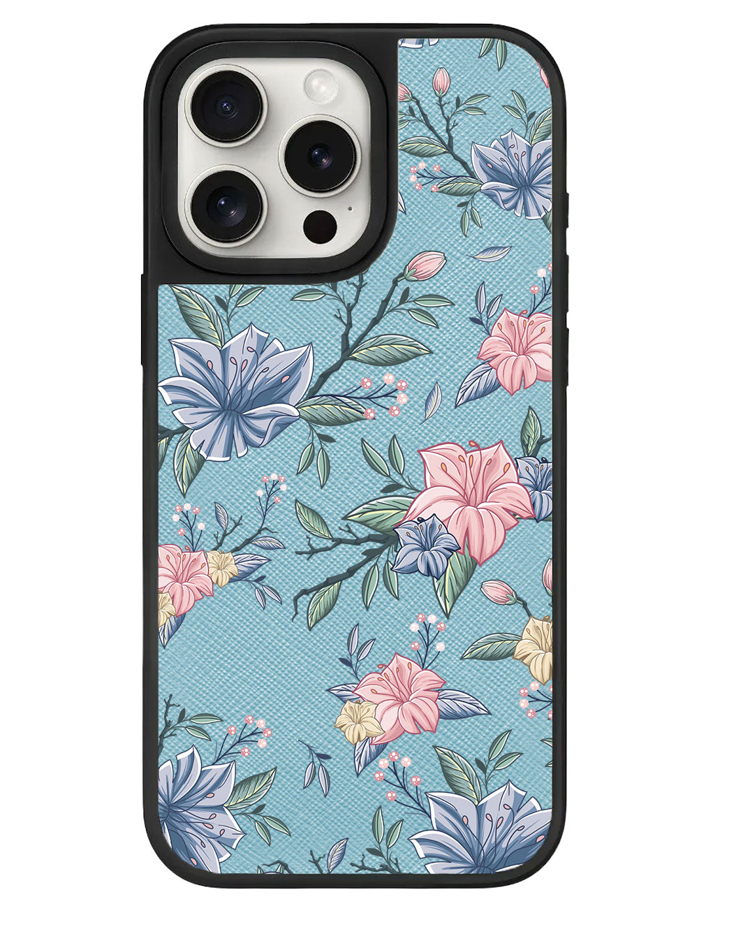 ที่จับหนังสำหรับ iPhone - ลายดอกไม้สีชมพูและน้ำเงิน