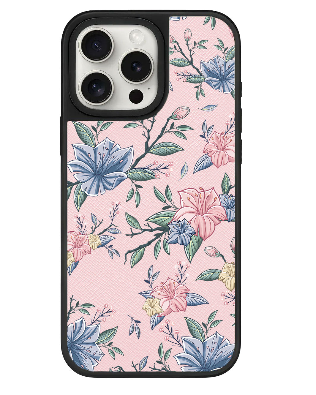ที่จับหนังสำหรับ iPhone - ลายดอกไม้สีชมพูและน้ำเงิน