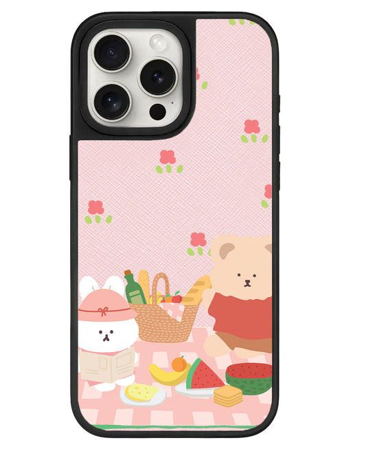 ปลอกหุ้มหนังสำหรับ iPhone - Picnic Bear สีชมพู