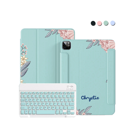 ฝาพับคีย์บอร์ดไร้สายสำหรับ iPad / Android - ลายดอกไม้สีชมพู