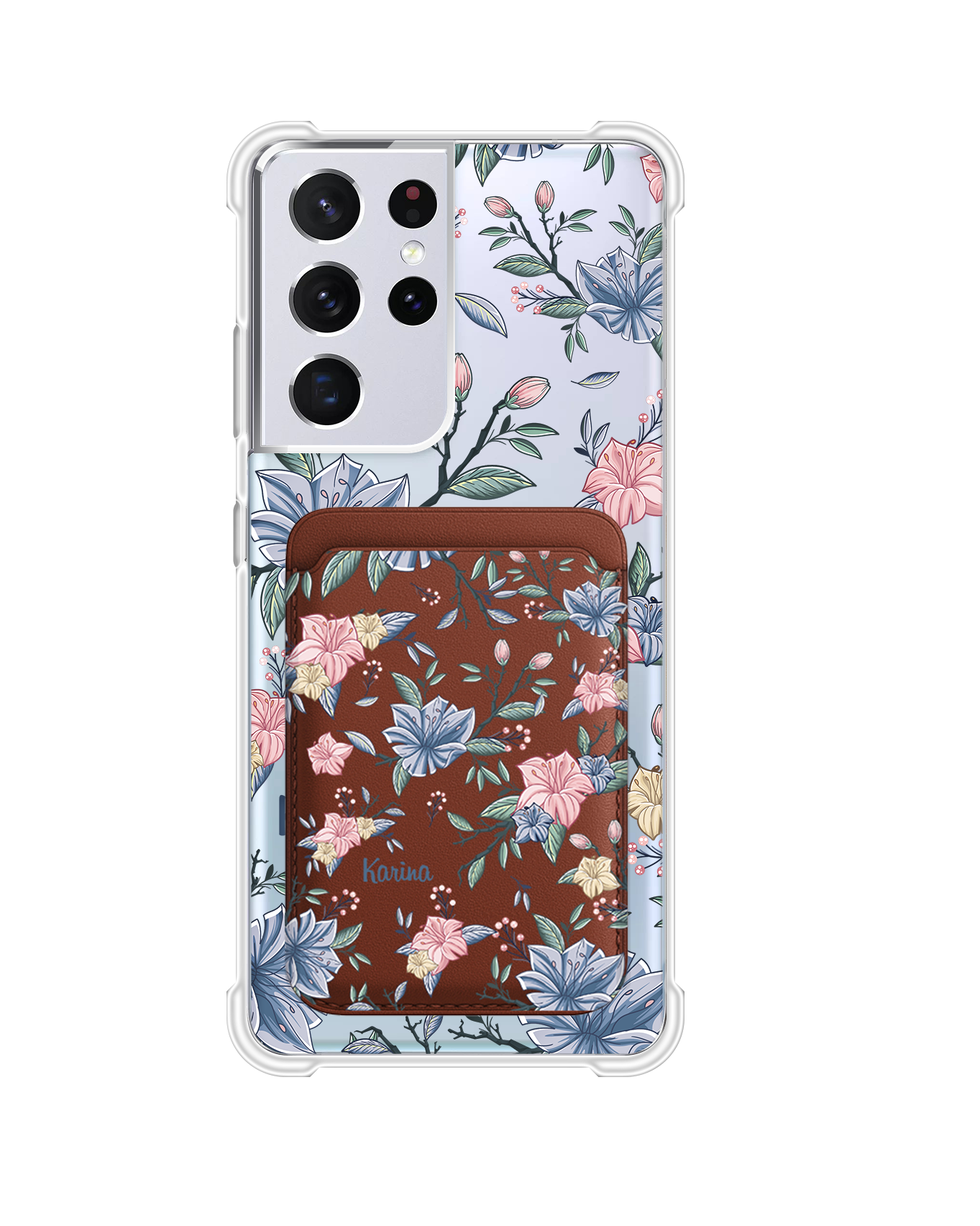 เคสกระเป๋าสตางค์แม่เหล็ก Android - สีชมพูและลายดอกไม้สีฟ้า