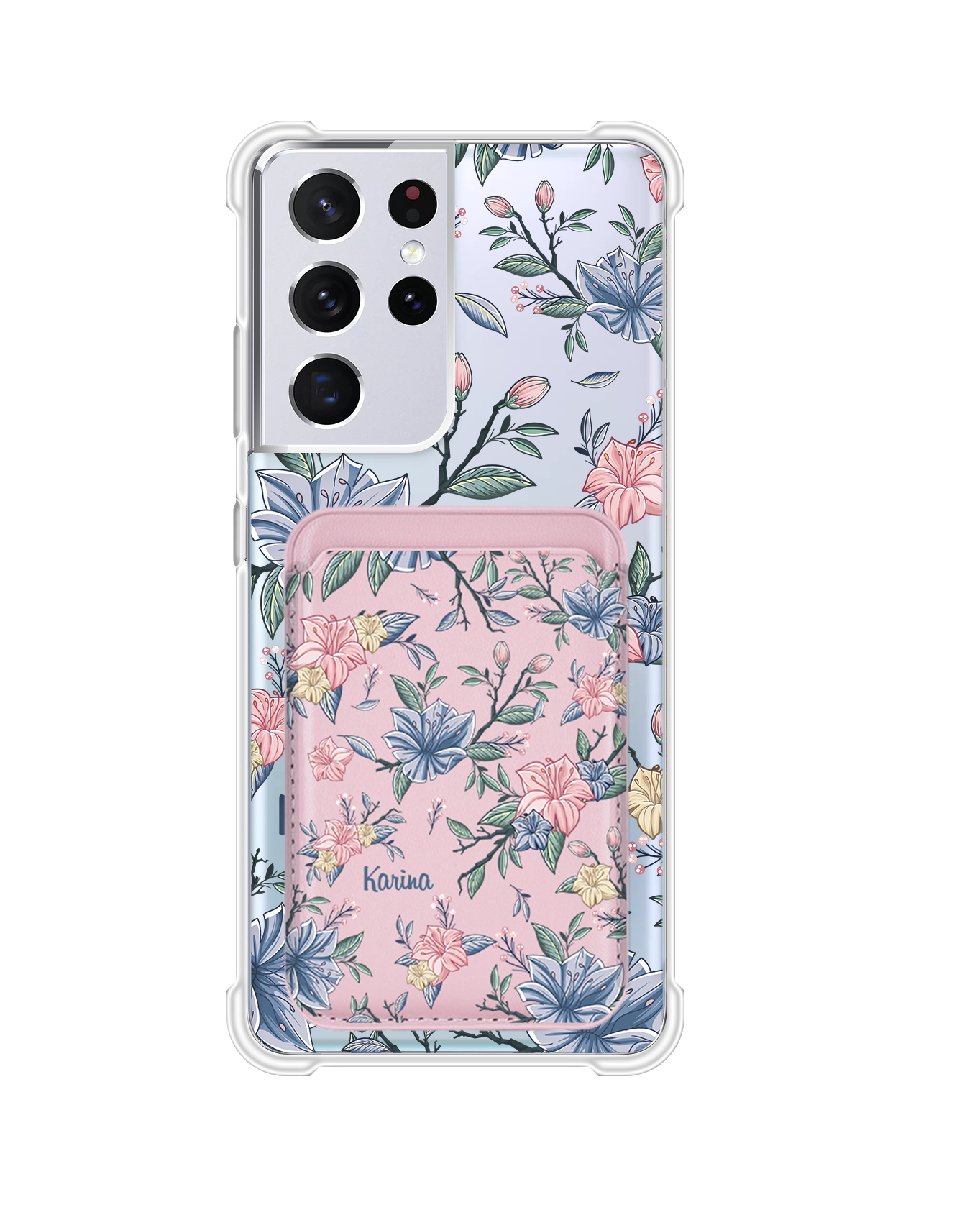 เคสกระเป๋าสตางค์แม่เหล็ก Android - สีชมพูและลายดอกไม้สีฟ้า