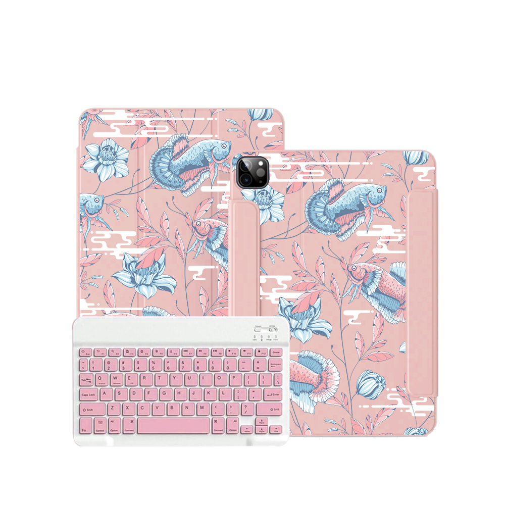 ฝาพับคีย์บอร์ดไร้สายสำหรับ iPad / Android Tab - ลายปลาและดอกไม้ 3.0