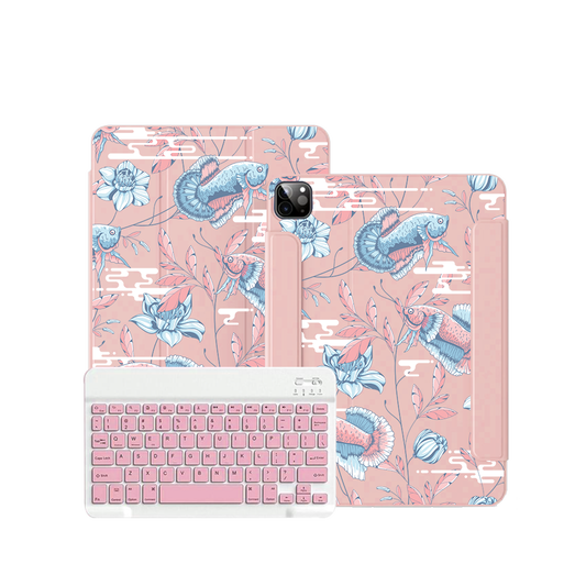 ฝาพับคีย์บอร์ดไร้สายสำหรับ iPad / Android Tab - ลายปลาและดอกไม้ 3.0