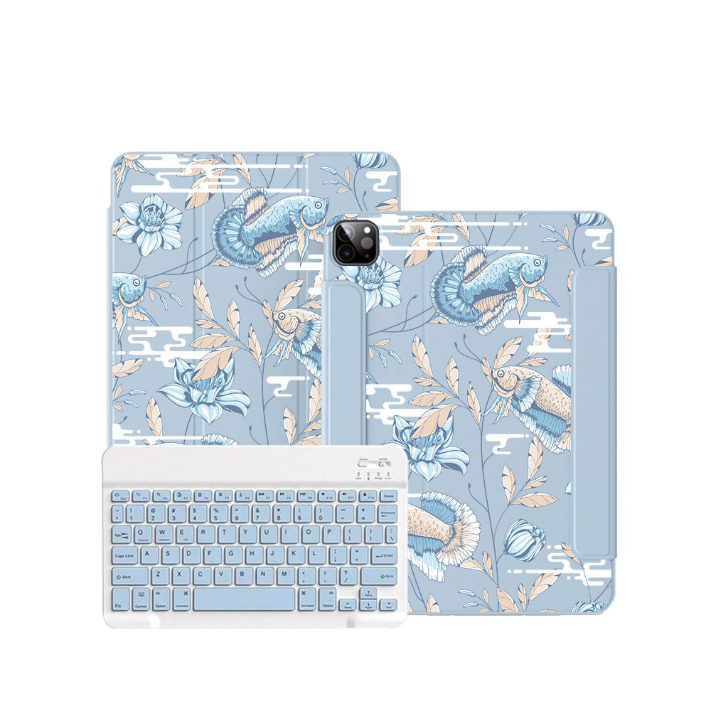ฝาพับคีย์บอร์ดไร้สายสำหรับ iPad / Android Tab - ลายปลาและดอกไม้ 4.0