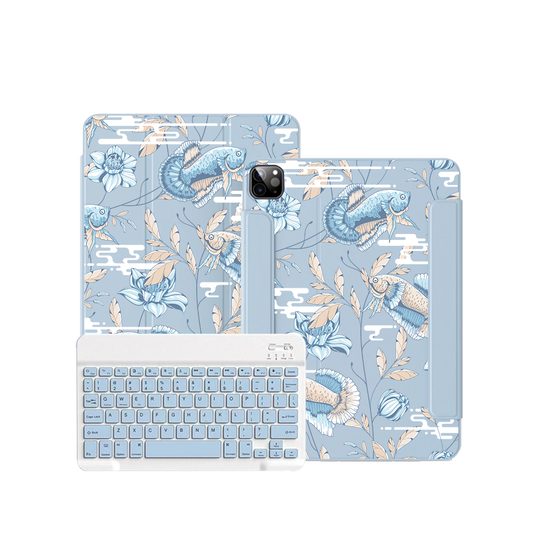 ฝาพับคีย์บอร์ดไร้สายสำหรับ iPad / Android Tab - ลายปลาและดอกไม้ 4.0