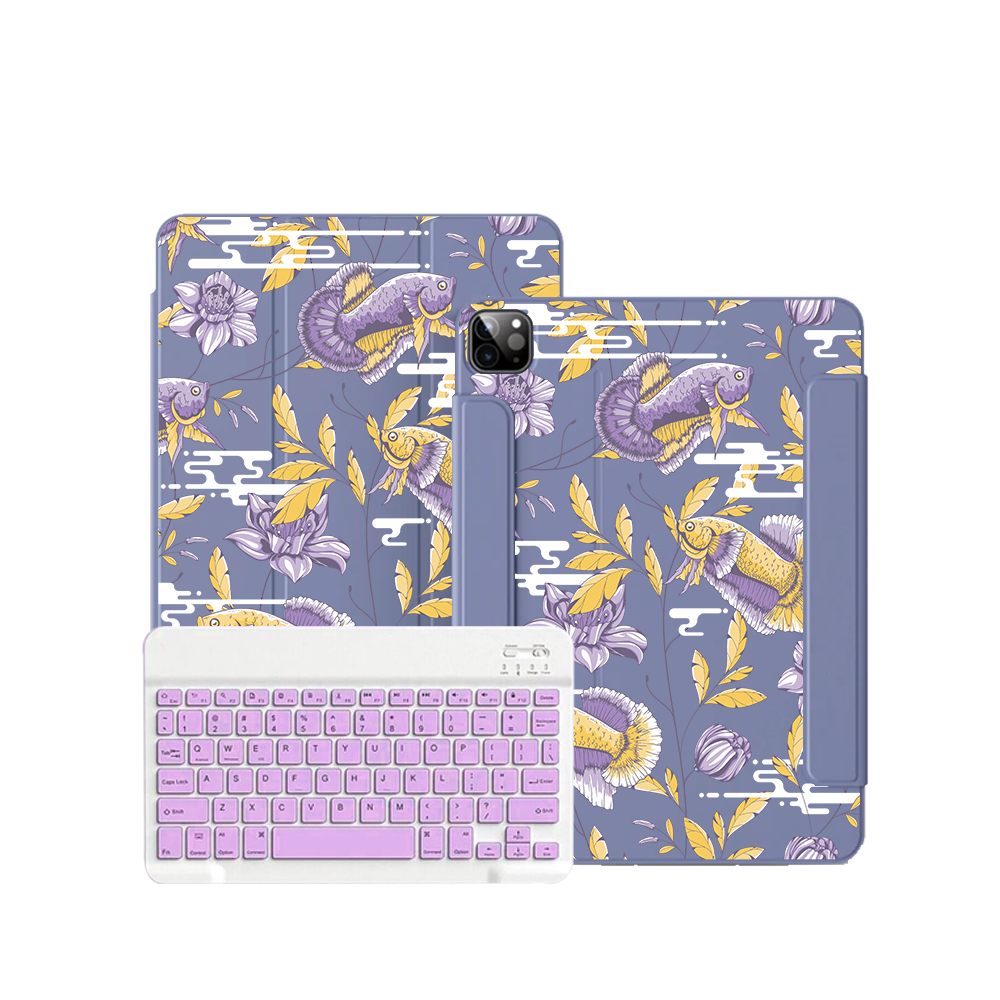 ฝาพับคีย์บอร์ดไร้สายสำหรับ iPad / Android Tab - ลายปลาและดอกไม้ 5.0
