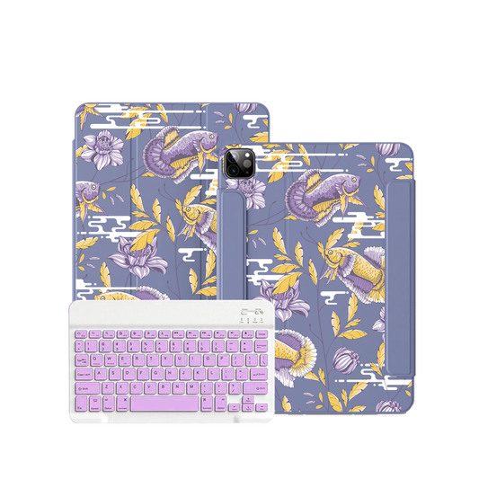 ฝาพับคีย์บอร์ดไร้สายสำหรับ iPad / Android Tab - ลายปลาและดอกไม้ 5.0