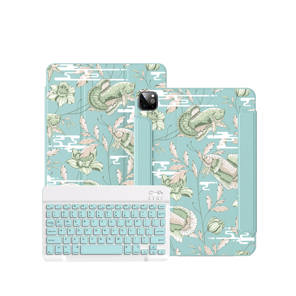 ฝาพับคีย์บอร์ดไร้สายสำหรับ iPad / Android Tab - ลายปลาและดอกไม้ 6.0