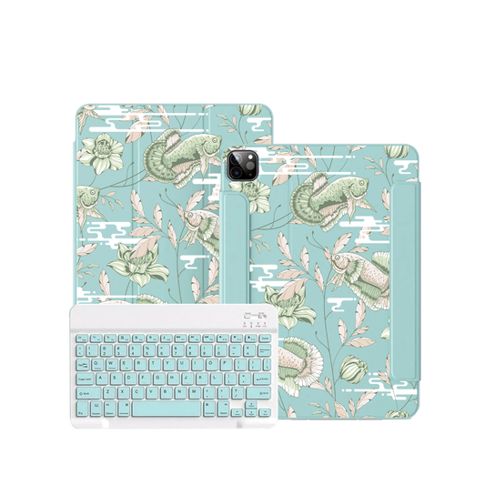 ฝาพับคีย์บอร์ดไร้สายสำหรับ iPad / Android Tab - ลายปลาและดอกไม้ 6.0