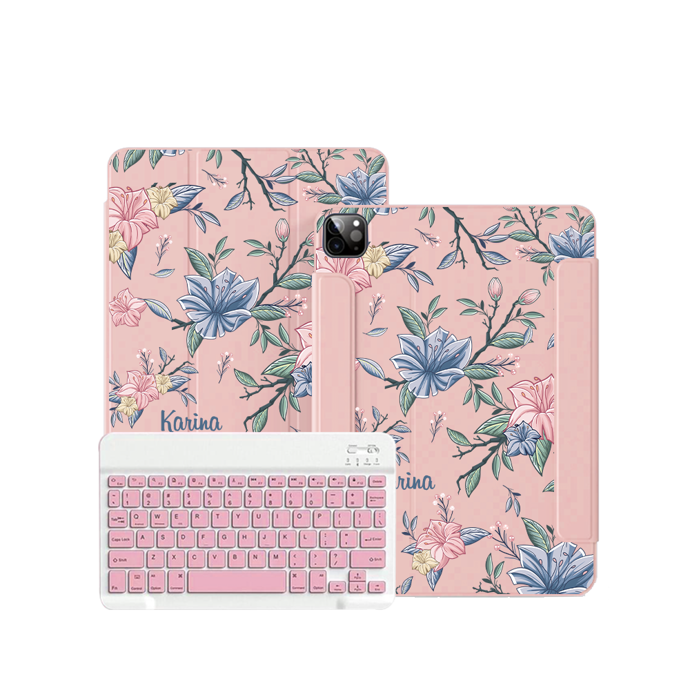 غطاء قابل للطي بلوحة مفاتيح لاسلكية لأجهزة iPad / Android Tab - زهور وردية وزرقاء