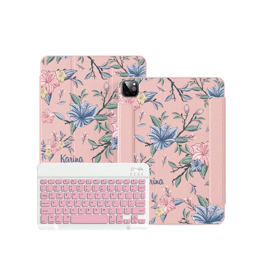 ฝาพับคีย์บอร์ดไร้สายสำหรับ iPad / Android Tab - ลายดอกไม้สีชมพูและน้ำเงิน