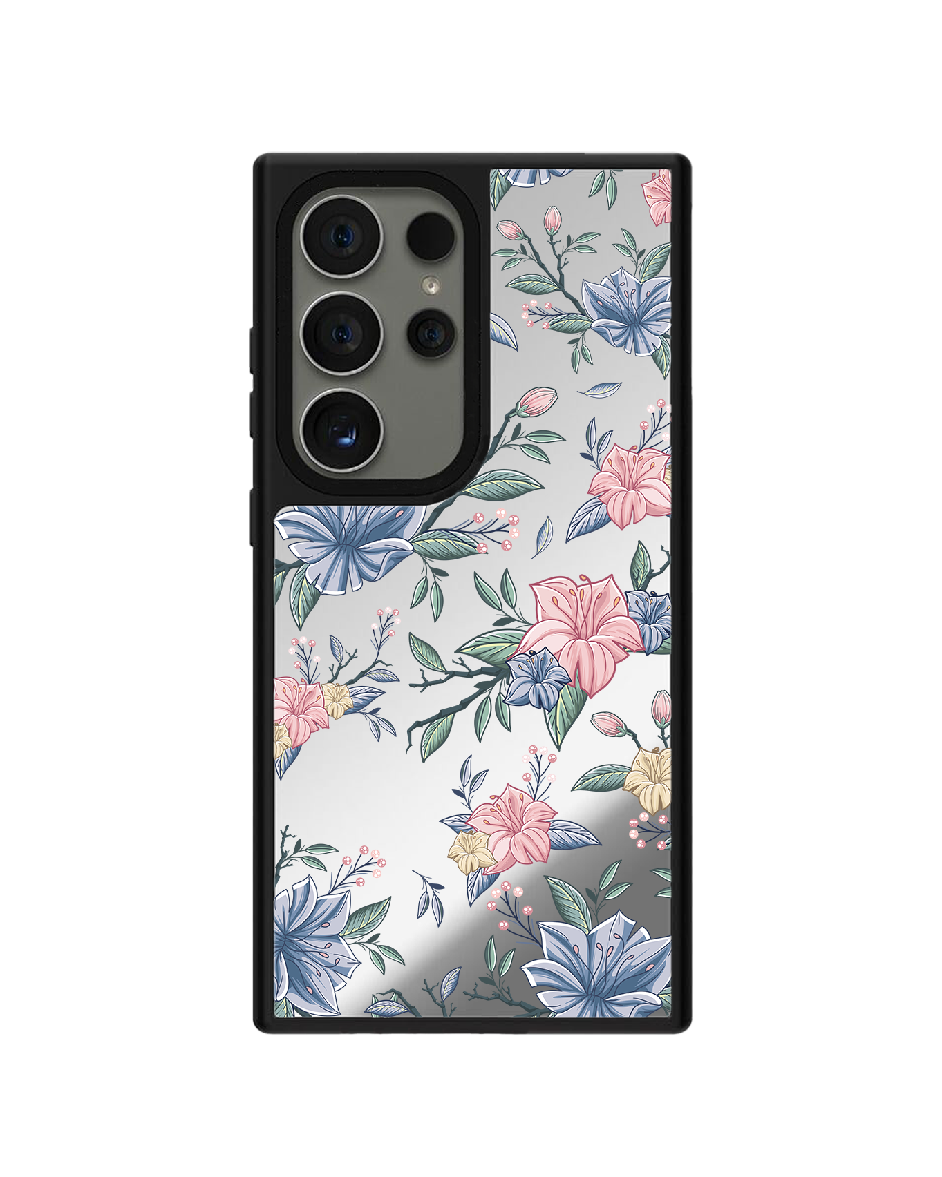 Android Mirror Grip - ลายดอกไม้สีชมพูและน้ำเงิน